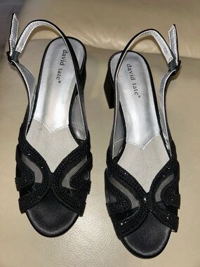 David Tate Black Mesh Crystal Slingback Block Heels